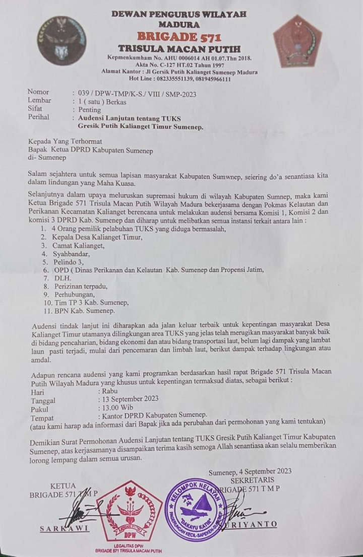 Surat yang dikirim Ketua TMP Korwil Madura, Brigade 571 Madura kepada ketua DPRD Kab.Sumenep
