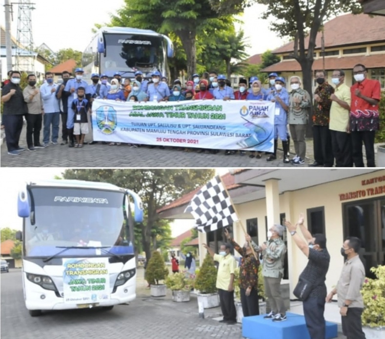 Kepala Dinas Tenaga Kerja dan Transmigrasi, Himawan Estu Bagijo melepas 11 keluarga dengan 38 jiwa Transmigrasi ke Sulawesi Barat, Minggu (24/10/2021).SP/KOMINFO JATIM