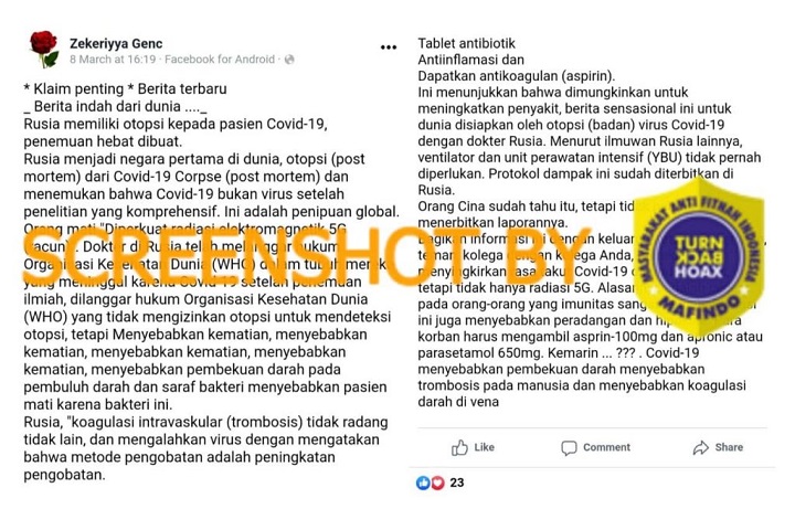 Tangkapan layar hoaks Rusia temukan Covid-19 akibat jaringan 5G. Facebook Zekeriyya Genc