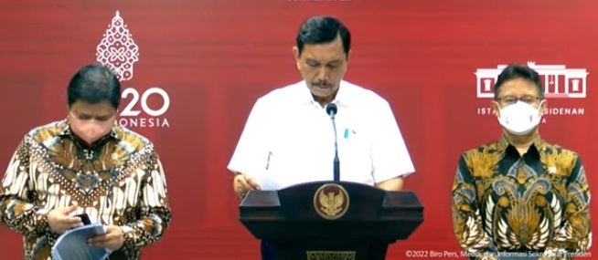 Luhut saat memberikan keterangan pers di Kantor Kepresidenan, Senin (9/5/2022) yang ditayangkan secara online di Youtube.