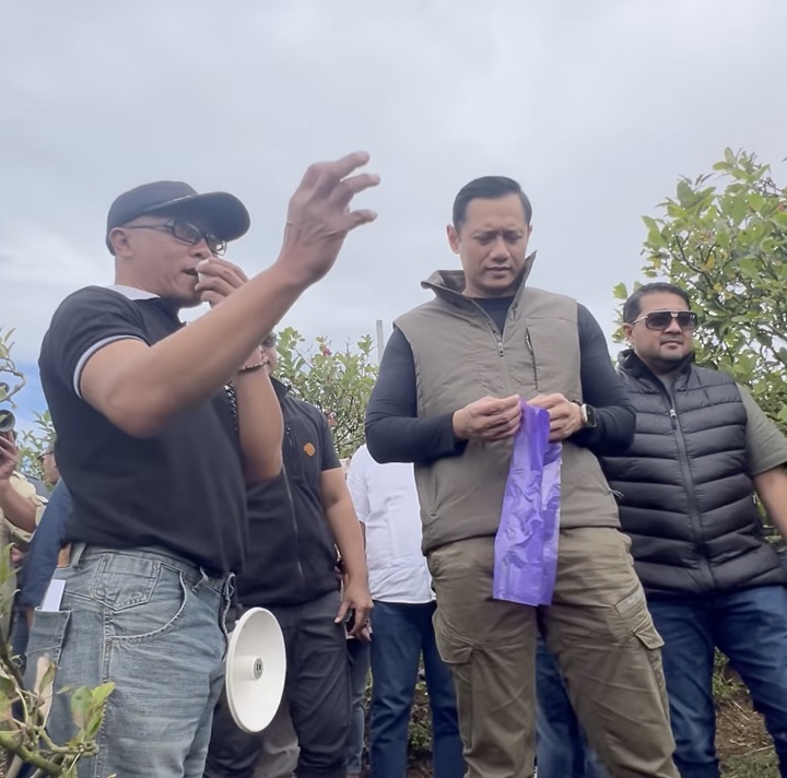 Agus Harimurti Yudhoyono sedang melakukan kegiatan kunjungan di kebun apel yang berada di Kebun Puri Agung, Batu. Dalam unggahannya, AHY melihat sektor pertanian yang diprioritaskan untuk dibangkitkan.