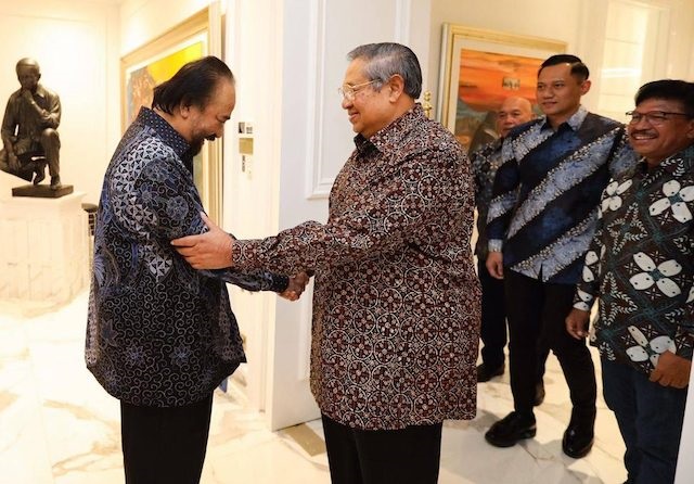 Ketum NasDem Surya Paloh saat menerima Ketua Majelis Tinggi Partai Demokrat Susilo Bambang Yudhoyono dan Ketum Partai Demokrat Agus Harimurti Yudhoyono pada 6 Juni 2022 lalu di NasDem Tower, Gondangdia, Menteng, Jakarta.