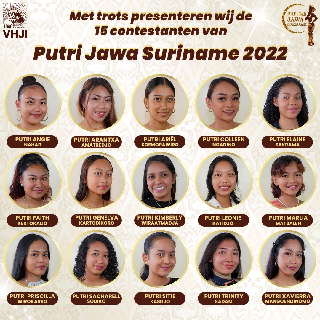 Poster Putri Jawa Suriname 2022 yang terpasang secara khusus. Poster ini menggunakan bahasa Belanda dan bahasa Jawa.