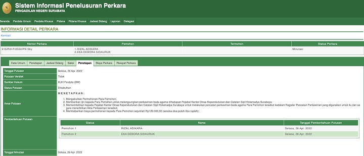 Putusan pernikahan beda agama yang tertampil di Sistem Informasi Penelusuran Perkara PN Surabaya.