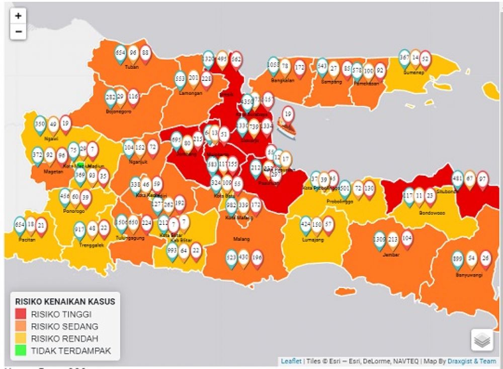 Peta sebaran covid-19 di Jatim.  SP/http://infocovid19.jatimprov.go.id/