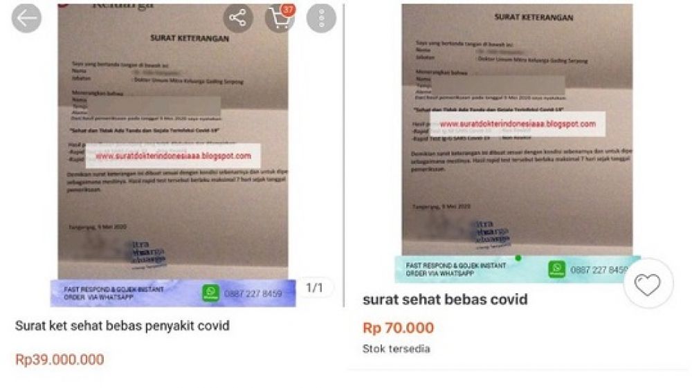Surat bebas corona yang dijual bebas di online shop