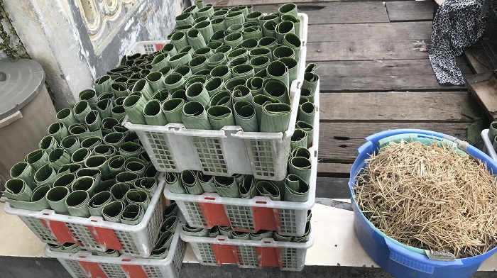 Caption : Jemuran Daun Pisang Pembungkus Lontong di rumah produksi para pengusaha lontong di Banyu Urip Lor, Minggu (03/01/2021). SP/ RIA SUKMA SARI