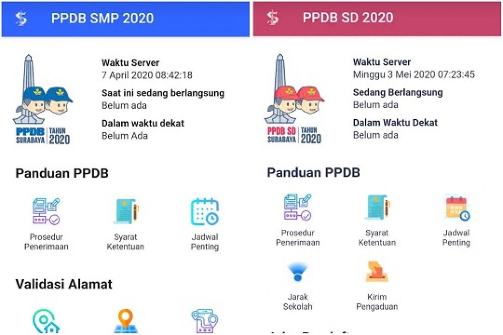 Tampilan aplikasi layanan PPDB 2020 untuk SD-SMP. SP/ALQ