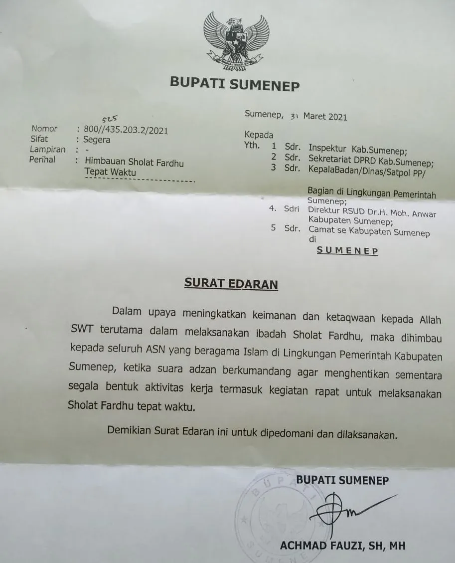 Bupati Sumenep Terapkan Shalat Tepat Waktu Bagi ASN