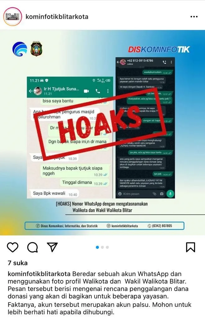 Akun WA palsu yang mengatasnamakan wali kota dan wawali Blitar untuk meminta sumbangan. SP/Diskominfo kota Blitar