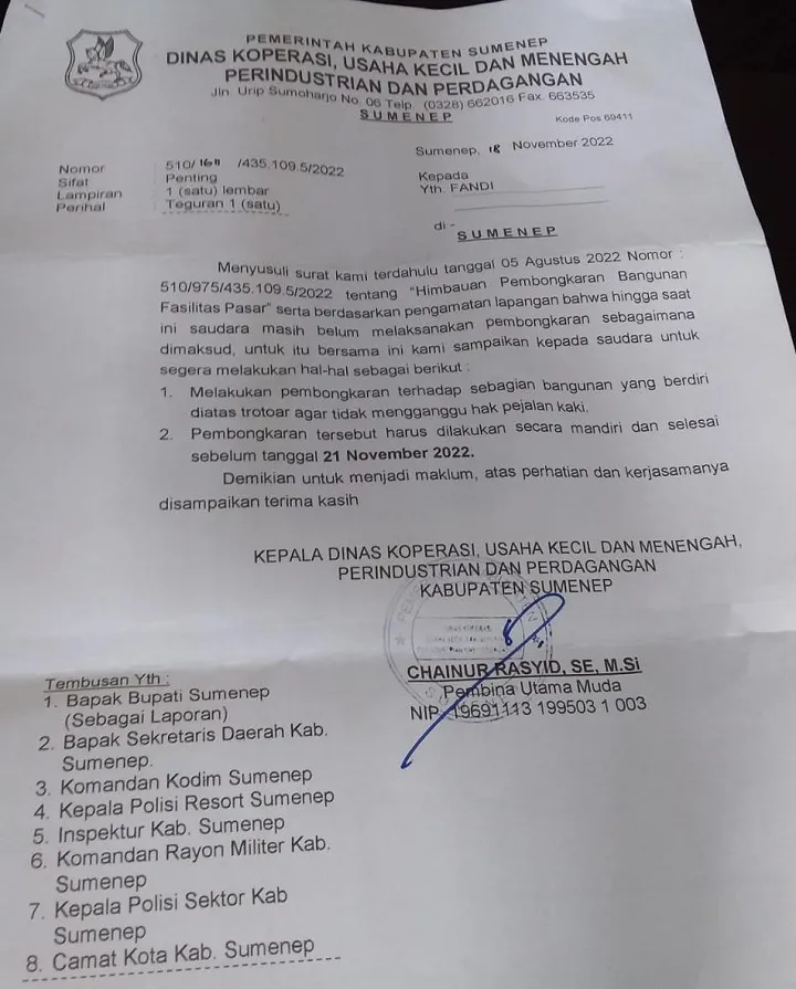 Pemkab Sumenep Layangkan Surat Pembongkaran Kios Lapak, Pedagang Pasar Anom Mangkir