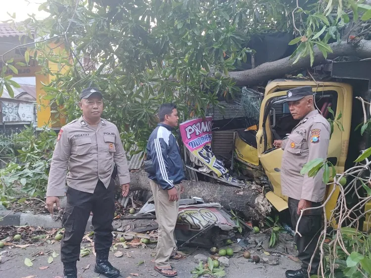 Diduga Ngantuk, Truk Bermuatan Pasir Tabrak Bengkel dan Pohon