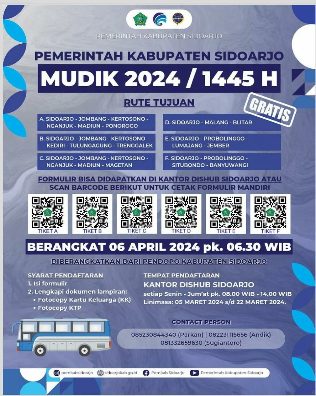 Mudik Gratis Pemkab Sidoarjo Mengantarkan 6 Tujuan Kota, Kuota 1.400 Orang