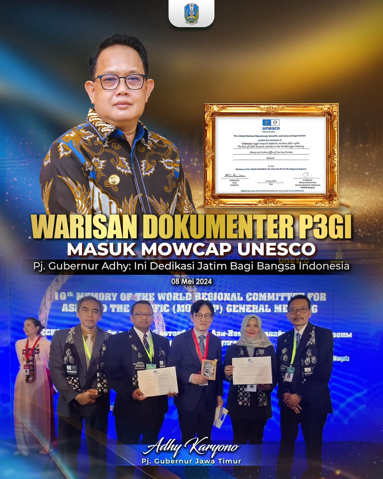 Warisan Dokumenter P3GI Masuk MOWCAP UNESCO, Pj Gubernur Adhy: Dedikasi Untuk Indonesia