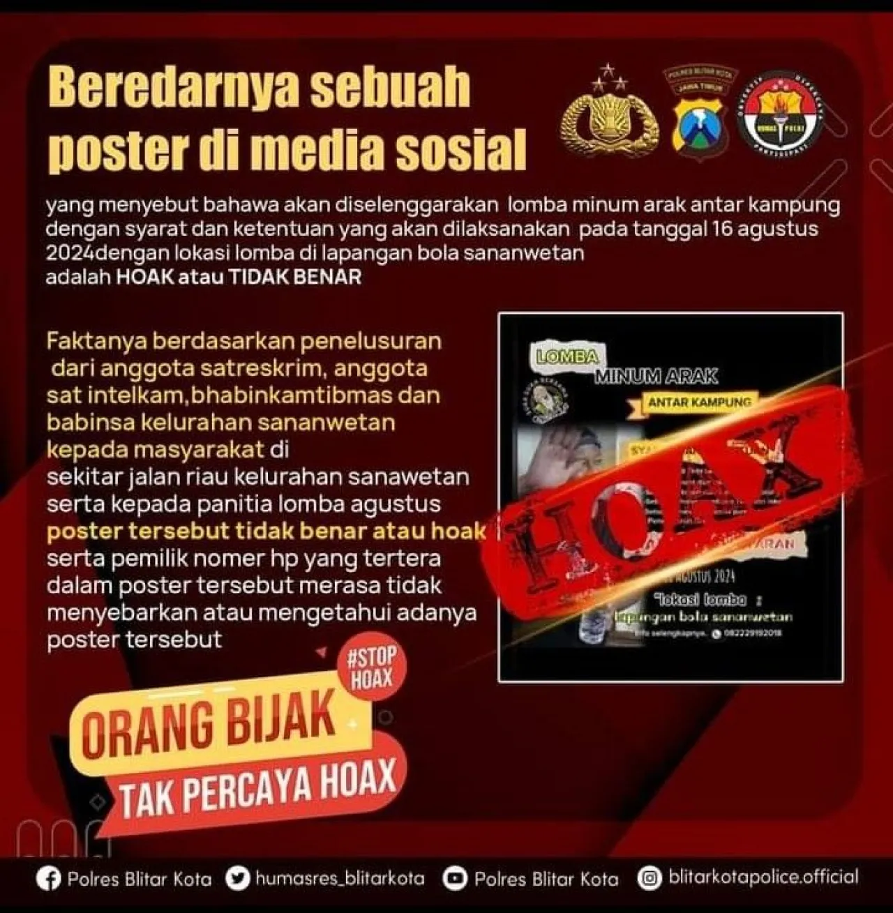 Beredar Pamflet Ajakan Lomba Minuman Keras di Kota Blitar, Polres: Hoax