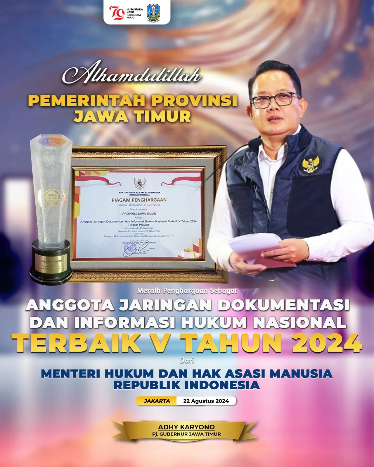 Pemprov Jatim Raih Penghargaan Anggota JDIHN Terbaik V