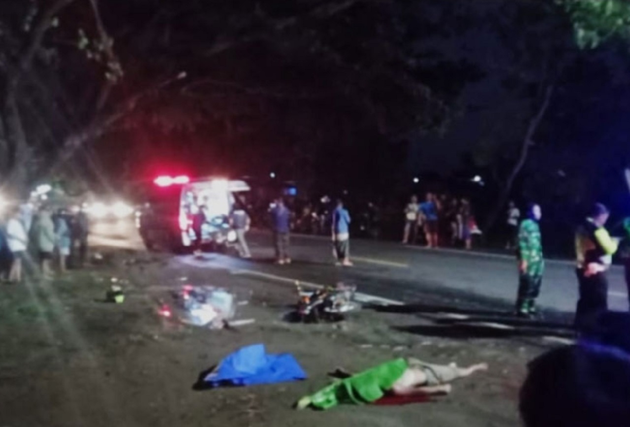 Lokasi kejadian kecelakaan maut motor vs bus Eka Cepat di Jalan Raya Ngawi-Maospati, Kamis (25/01/2024) malam. SP/ NGW