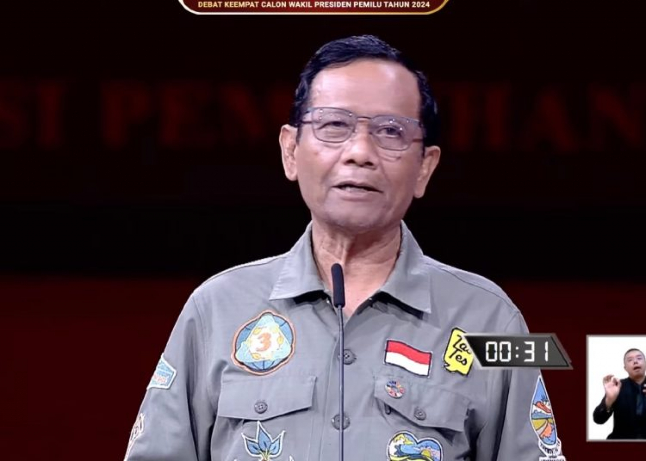 Tangkapan layar cawapres Mahfud MD dalam debat keempat Pilpres 2024 semalam, Minggu (21/01/2024). SP/ JKT
