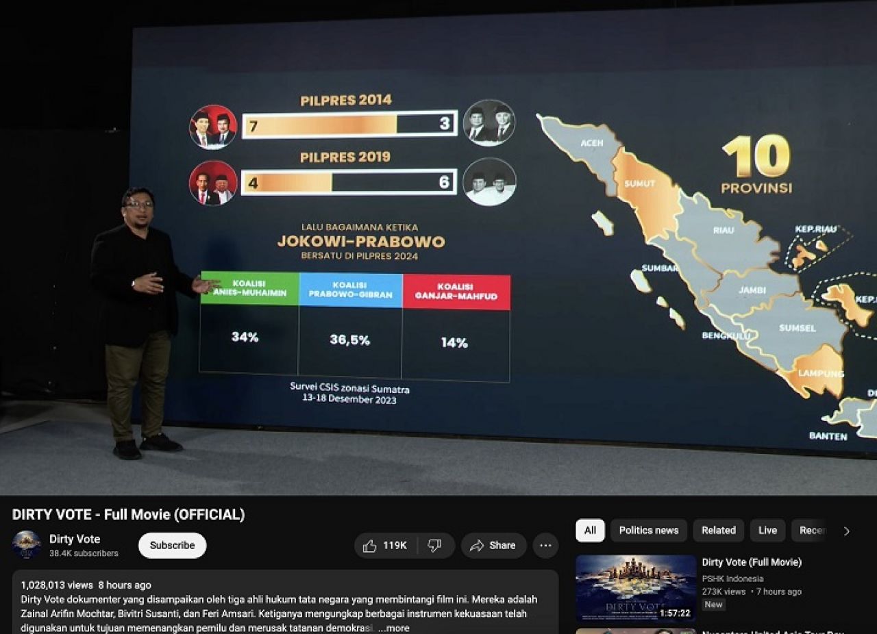 Cuplikan tangkap layar film Dirty Vote yang ditayangkan di akun YouTube 'Dirty Vote', sejak Minggu (11/2/2024) siang. Hingga Minggu malam sudah ditonton 1 juta lebih.