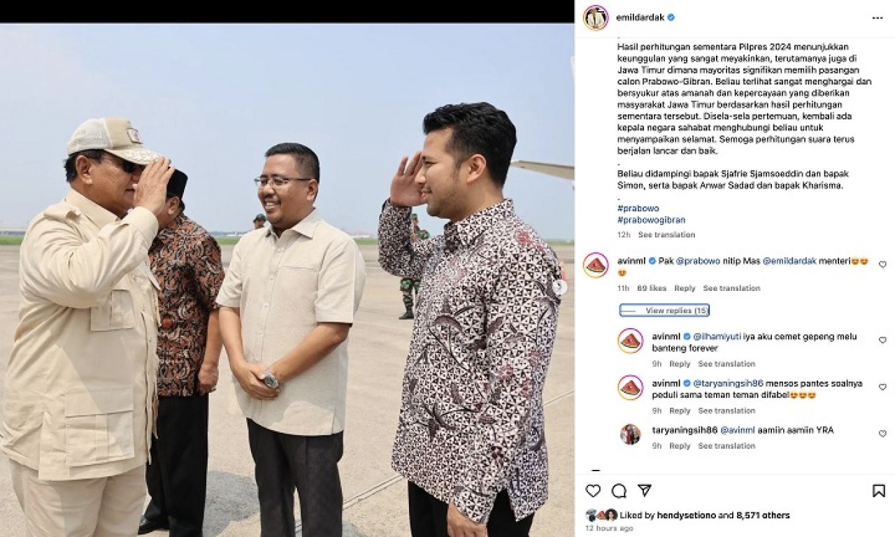 Emil Dardak mengunggah foto makan siang bersama Prabowo Subianto dan Pakde Karwo. Unggahan ini pun direspon mantan wakilnya saat menjadi Bupati Trenggalek, Moch Nur Arifin di Instagram.