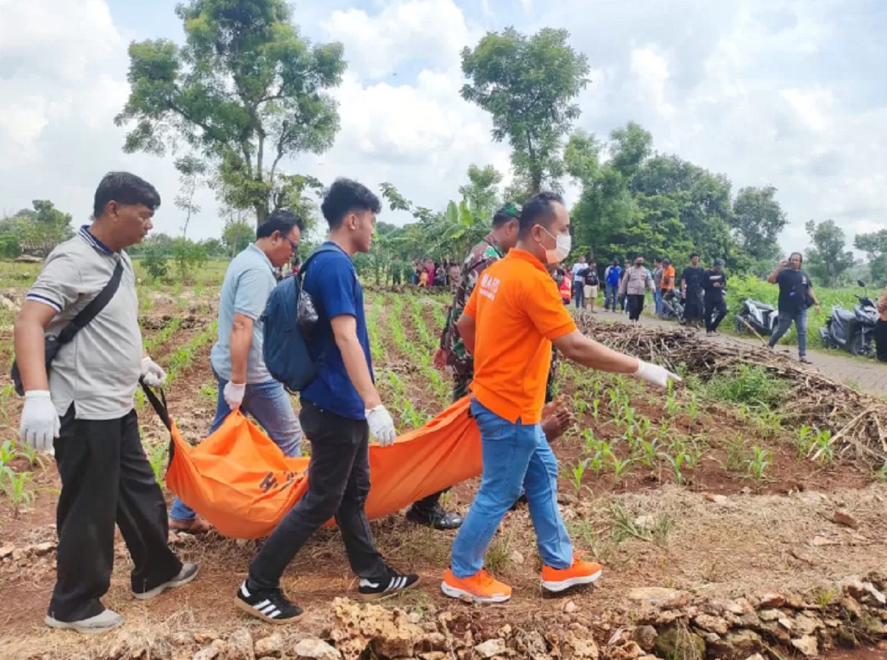 Anggota kepolisian dan tim medis saat melakukan evakuasi mayat di area kebun jagung yang berada di desa Wotan, Kecamatan Panceng Kabupaten Gresik. SP/ Istimewa