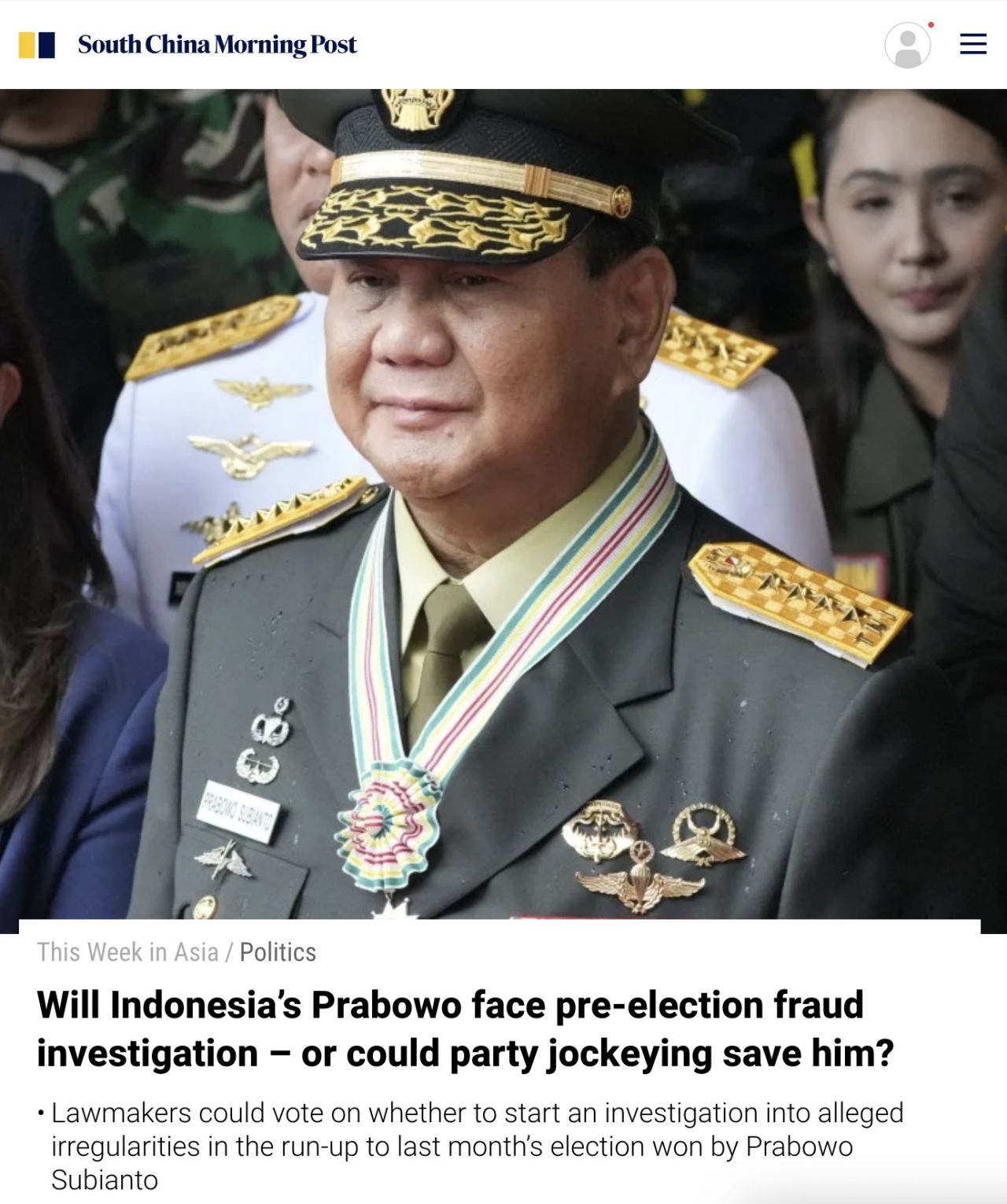 Pemberitaan di South China Morning Post, yang memuat berita yang menyoroti adanya dugaan kecurangan Pemilu 2024, yang dirilis edisi Selasa (5/3/2024).