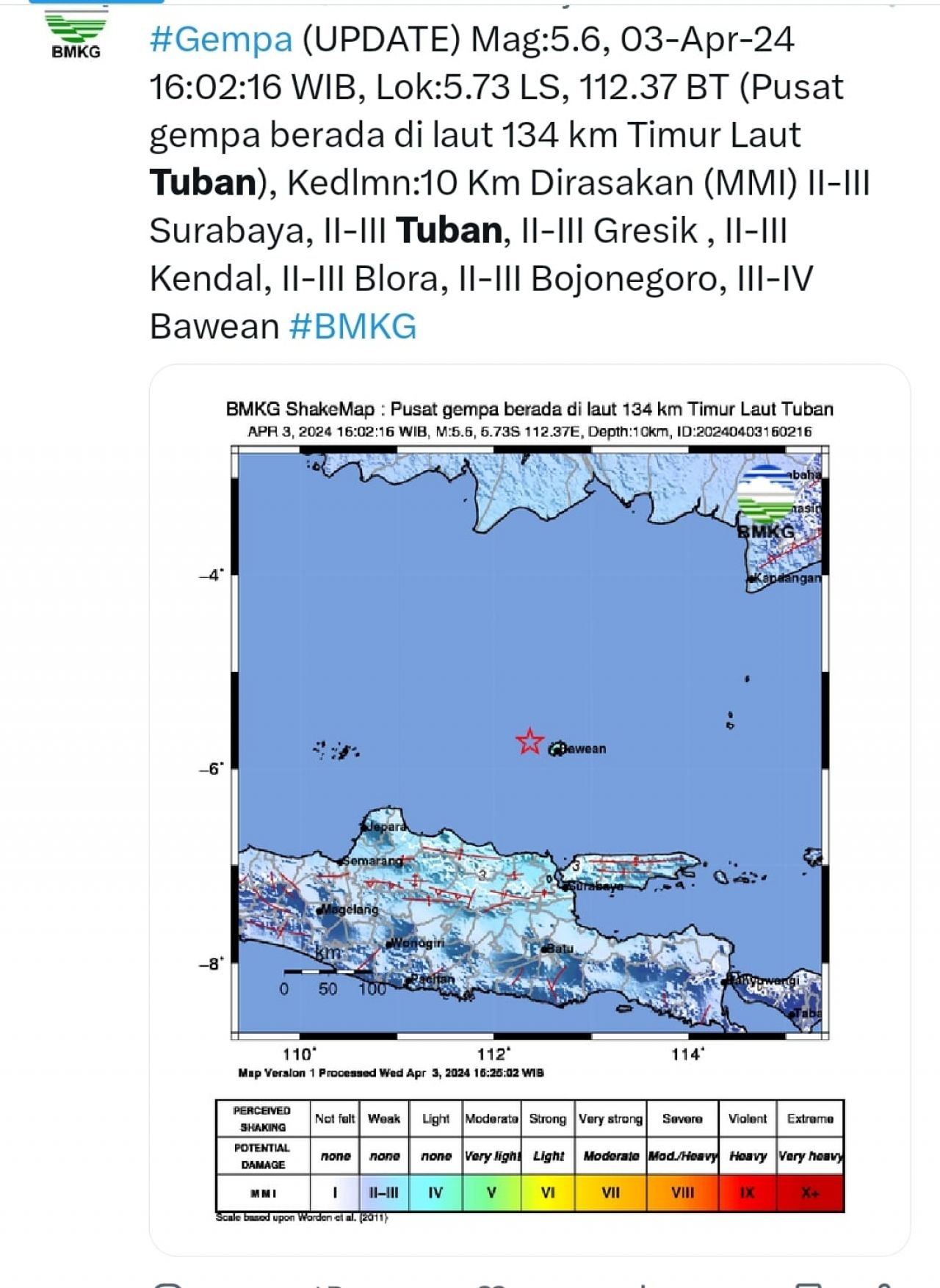 Pengumuman gempa yang dirilis akun X BMKG, Rabu (3/4/2024). 