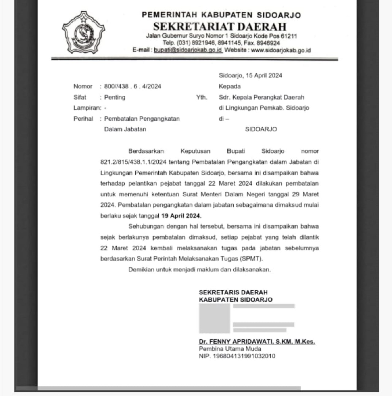 Sekda Sidoarjo Fenny Apridawati mengeluarkan surat per 15 April 2024 yang menjadi tindak lanjut SK Bupati bernomer 821.2/815/438.1.1/2024. SP/ SUGENG PURNOMO