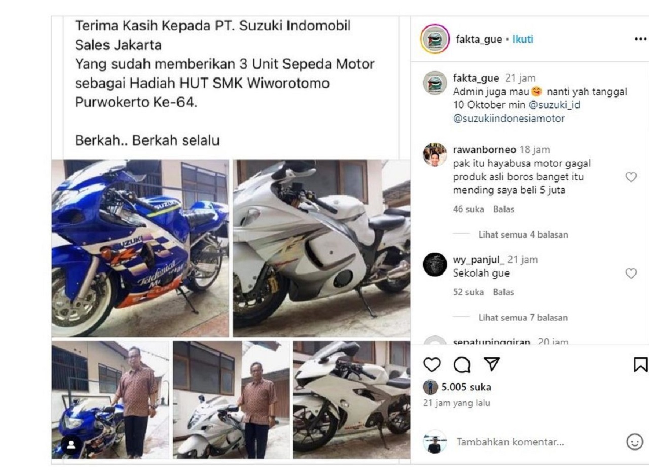 PT Suzuki Indomobil Sales (SIS) kabarnya memberikan tiga unit motor sebagai hadiah HUT ke-64 SMK Wiworotomo di Purwokerto, Jawa Tengah.Screenshot Instagram @fakta_gue