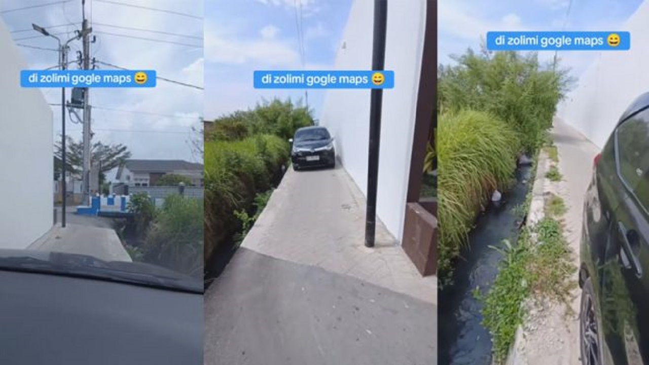 Tangkapan layar video sebuah mobil terjebak di jalan kecil yang terhalang tiang listrik karena ikuti Google Maps. SP/ Instagram @indocarstuff