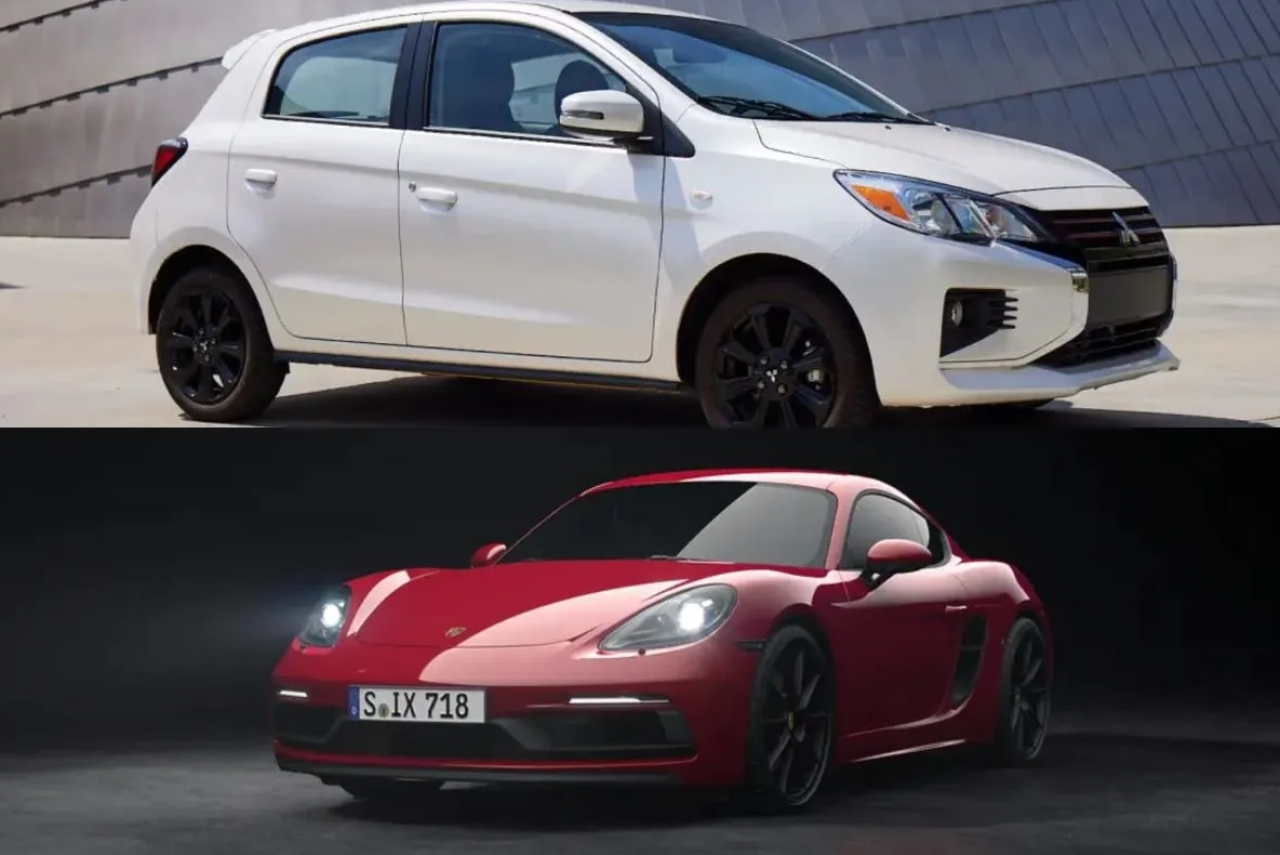Kolase foto - Mitsubishi Mirage (atas), dan Porsche 718 Cayman (bawah). SP/Mitsubishi/Porsche