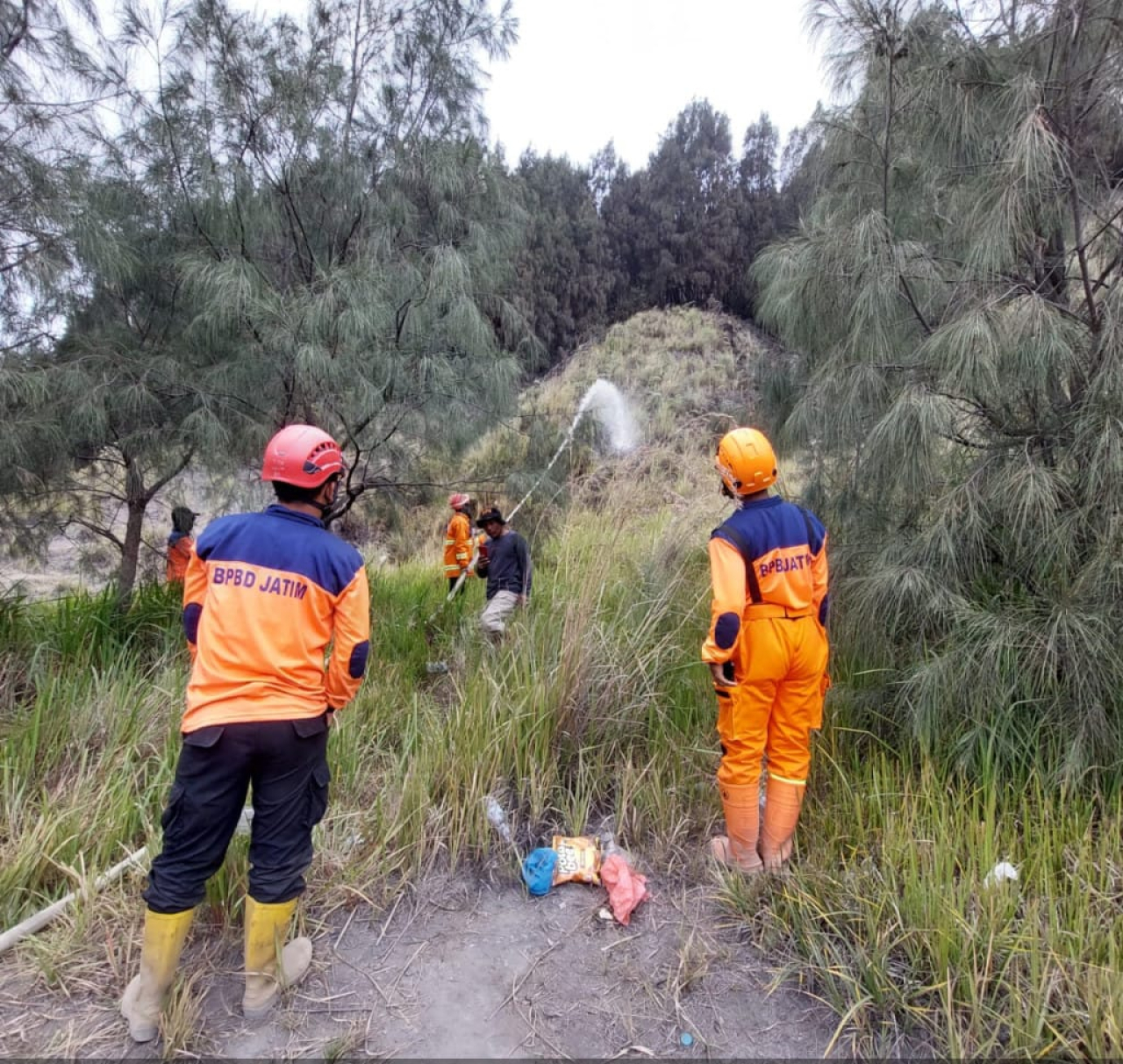 Tim BPBD kabupaten Pasuruan saat melakukan pemadaman kebakaran di gunung Bromo.