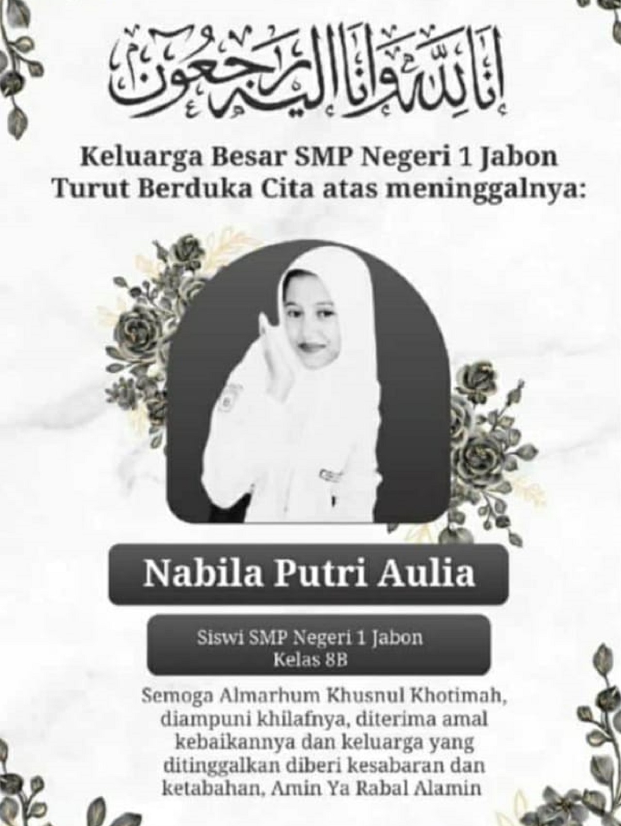 Nabila Putri Aulia (13), korban kecelakaan di jalan raya Desa Trompoasri, Sidoarjo. SP/ HIKMAH