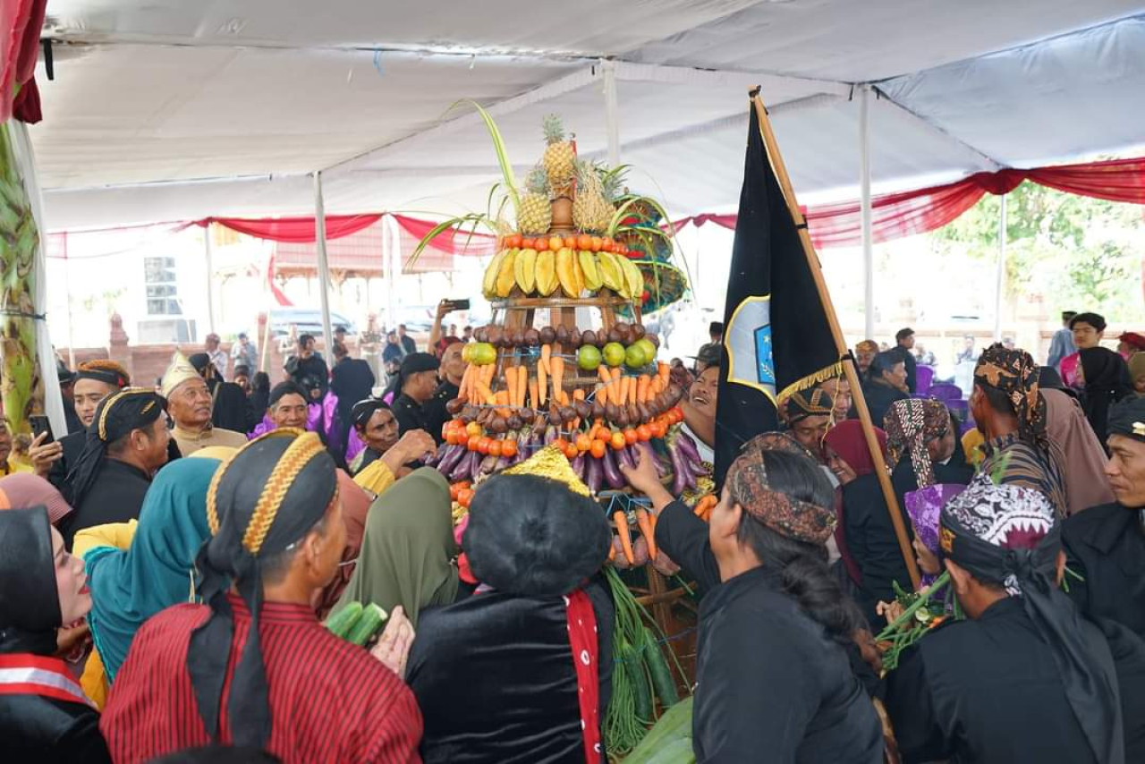 Gunungan direbutkan oleh pengunjung dari pusara Makam Nyai Ratu Andongsari ditandai dalam upacara adat Wilwatikta. SP/MUHAJIRIN