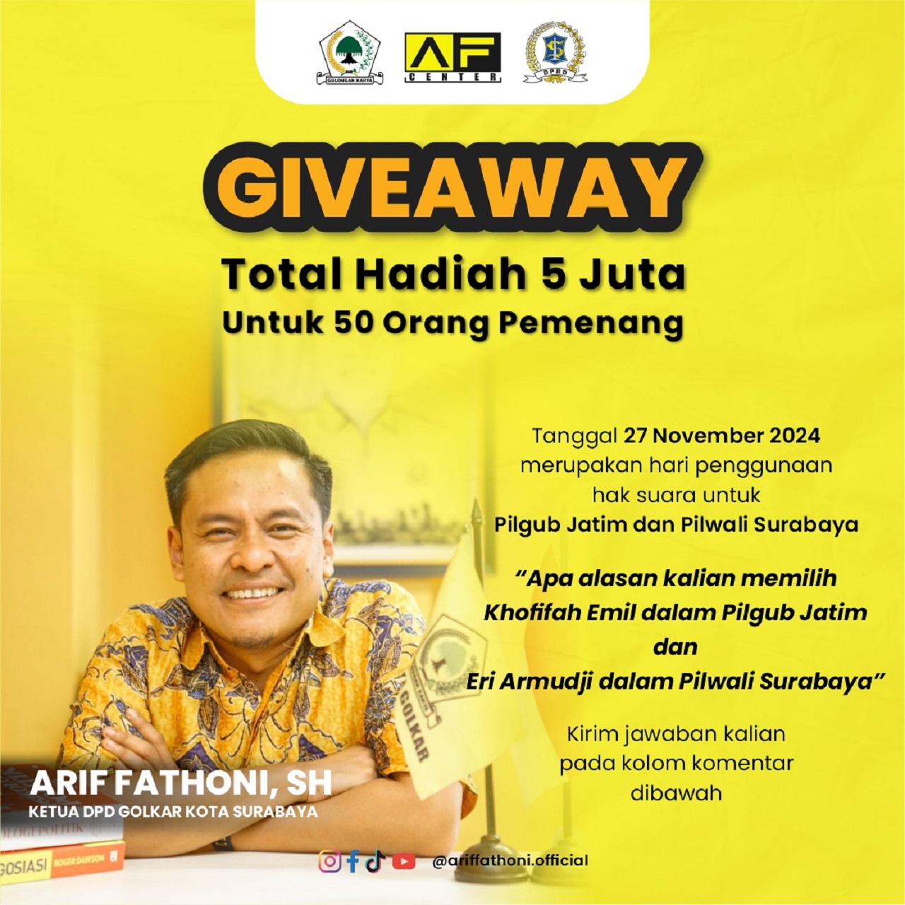 Giveaway Khofifah Emil dalam Pilgub Jatim dan Eri Cahyadi Armudji dalam Pilwali Kota Surabaya.