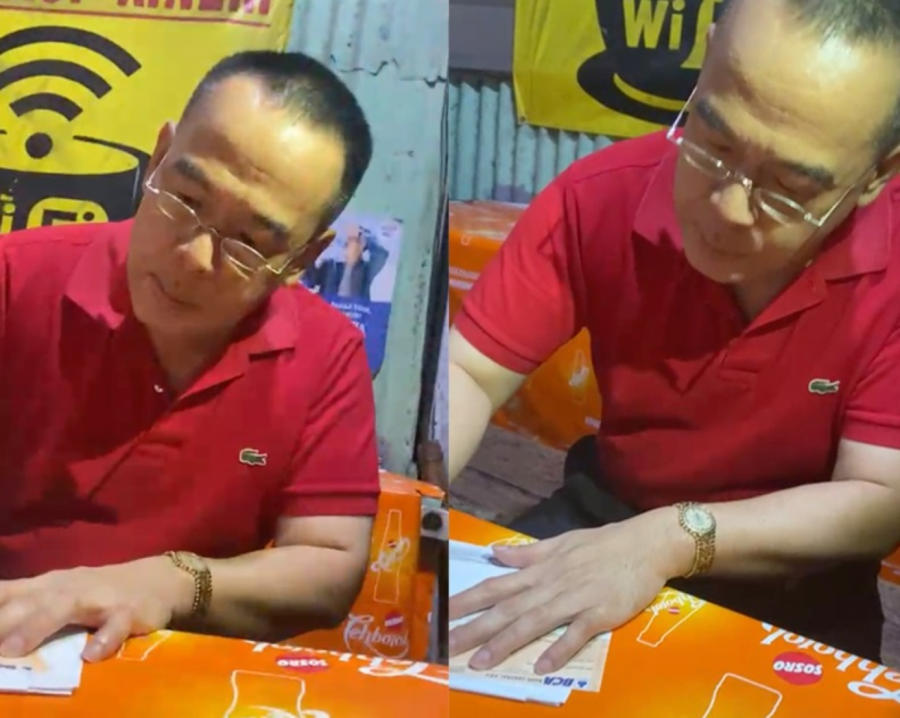 Pria berambut tipis dengan berkaos merah ini dikutip dari layar video. Rekaman video dapat dilihat di laman Surabayapagi.com. Dia diduga kasir dari Edy Medan, yang melayani pembayaran uang pejudi, termasuk membuka cek BCA.