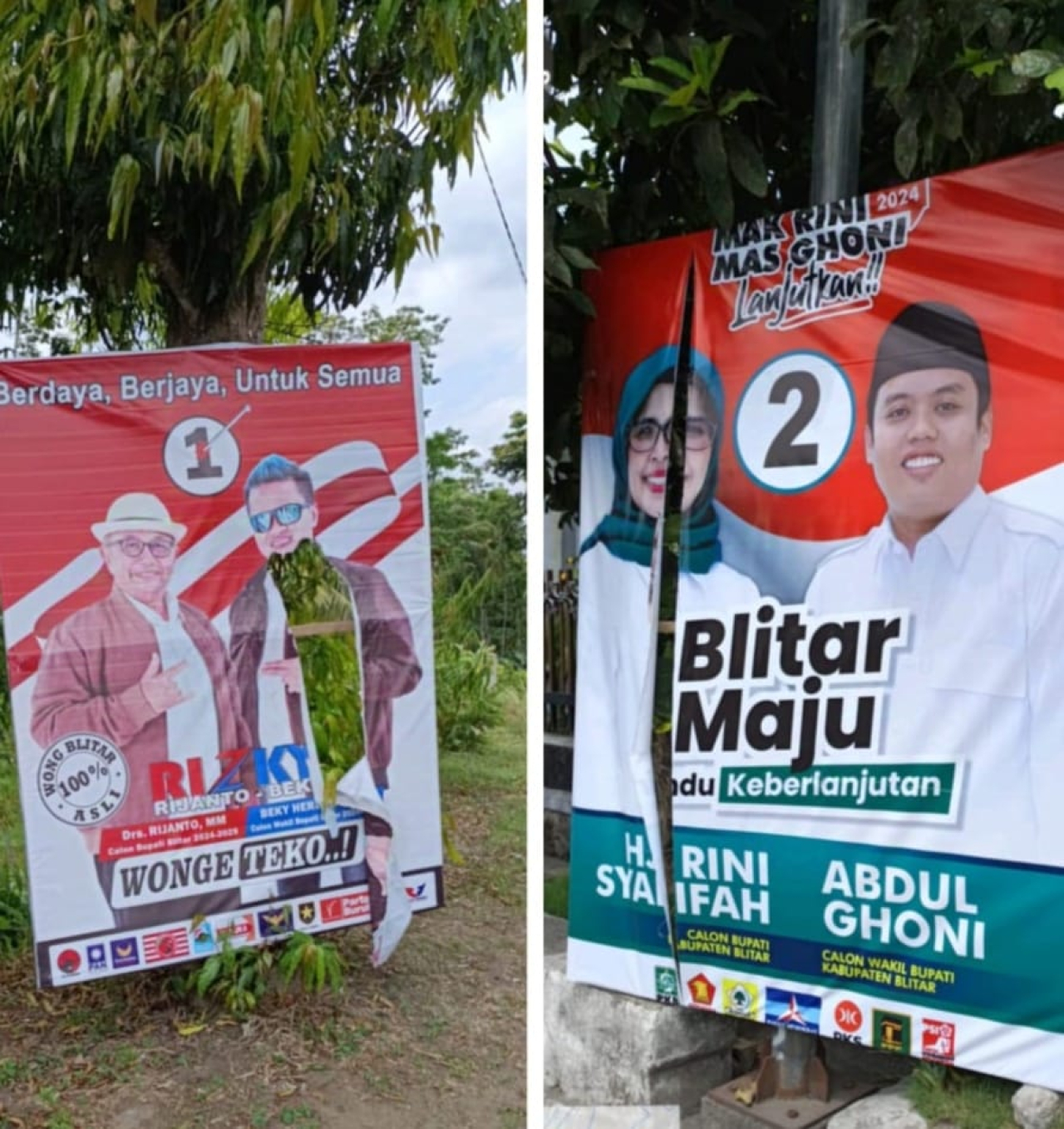 Contoh rusaknya APK Paslon Cabup/Cawabup Kab Blitar. SP/Lestariono