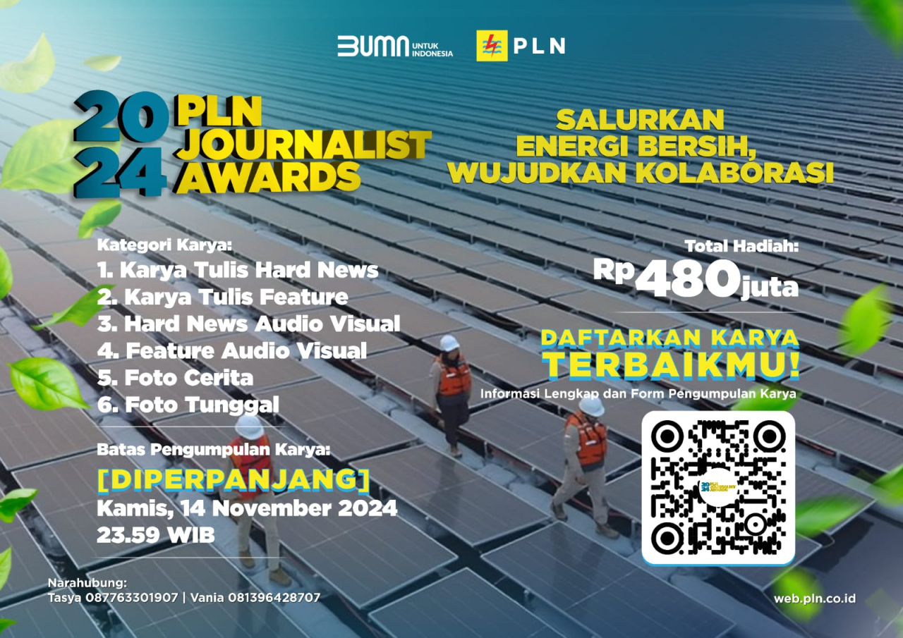 Menyambut tingginya antusiasme para jurnalis dalam berpartisipasi pada ajang PLN Journalist Award (PJA) 2024, PT PLN memperpanjang masa pendaftaran, yang semula berakhir pada 31 Oktober 2024 menjadi 14 November 2024. Foto/Humas PLN