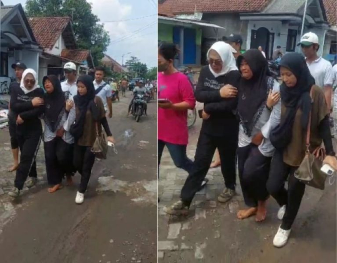Anggota DPR RI Komisi VI Sadarestuwati (kiri) menenangkan ibu korban saat menuju ke lokasi penemuan.