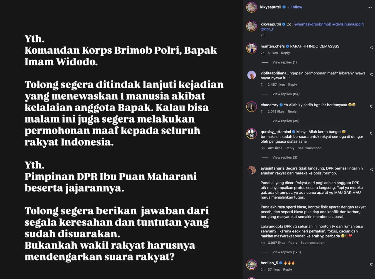 Selebritas Bertanya ke Puan Beserta jajarannya, Tolong Segera Jawab Atas Segala Keresahan Rakyat