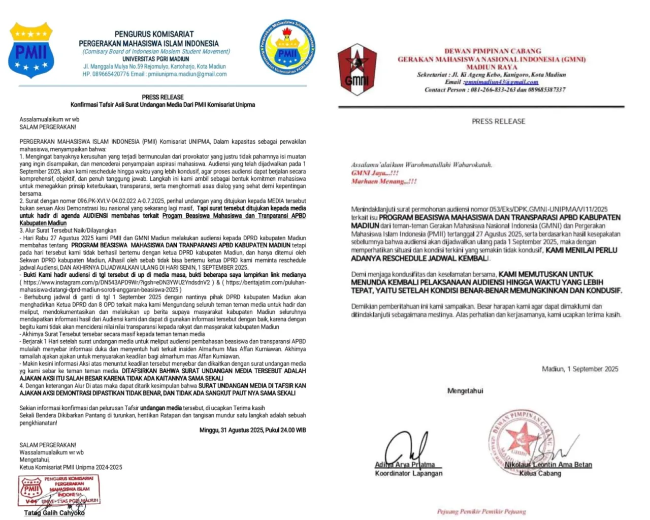 Baca juga : Audiensi dengan DPRD Kabupaten Madiun Ditunda, GMNI dan PMII Klarifikasi Undangan Media