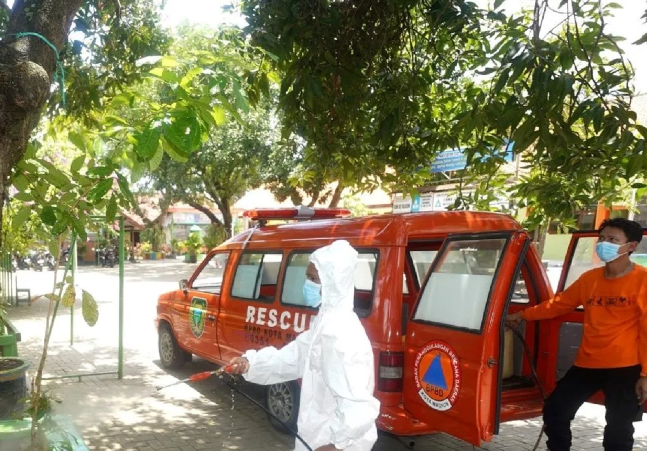 Petugas Tim Reaksi Cepat (TRC) BPBD Kota Madiun melakukan penyemprotan insektisida terhadap pohon yang menjadi sarang ulat bulu di SDN 2 Klegen Kota Madiun, Jawa Timur. SP/ MDN