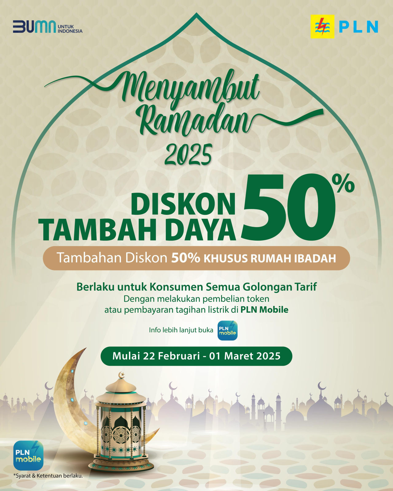 Program Menyambut Ramadan 2025. Cukup melakukan 1 kali transaksi pembelian token atau pembayaran tagihan listrik via aplikasi PLN Mobile. Humas PLN