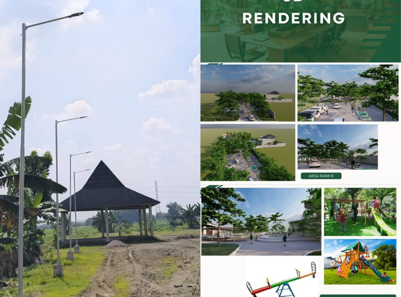 Bangunan pendopo yang nilainya capai ratusan juta yang dibiarkan mangkrak (kiri) dan site plan rencana pembangunan pendopo dan wisata desa Sumberringin Kabuh, Jombang (kanan). SP/SAR