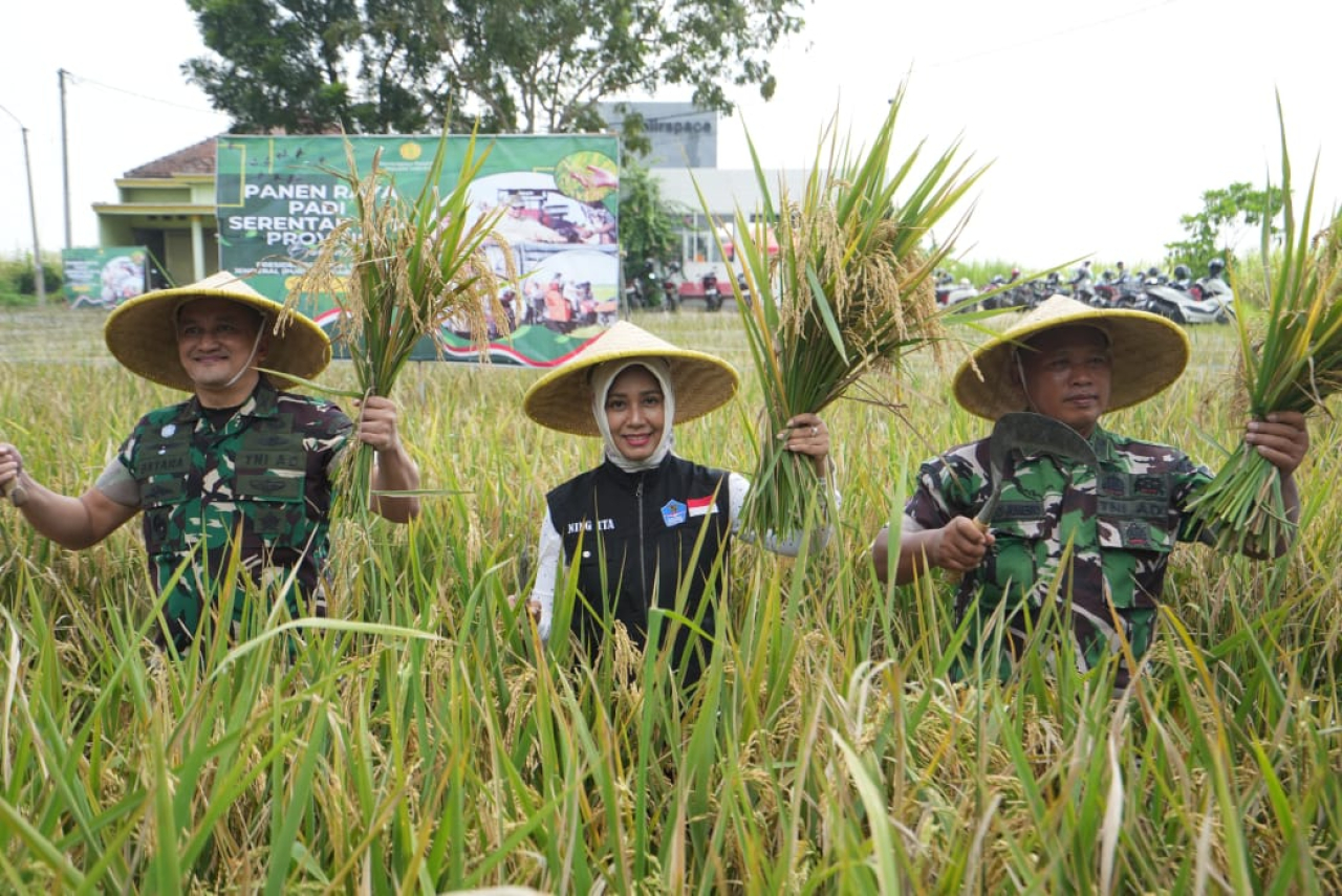 Wali kota Mojokerto Ning Ita saat Panen Raya Padi Setentak se Indonesia di Kelurahan Blooto, Kecamatan Prajuritkulon, Kota Mojokerto