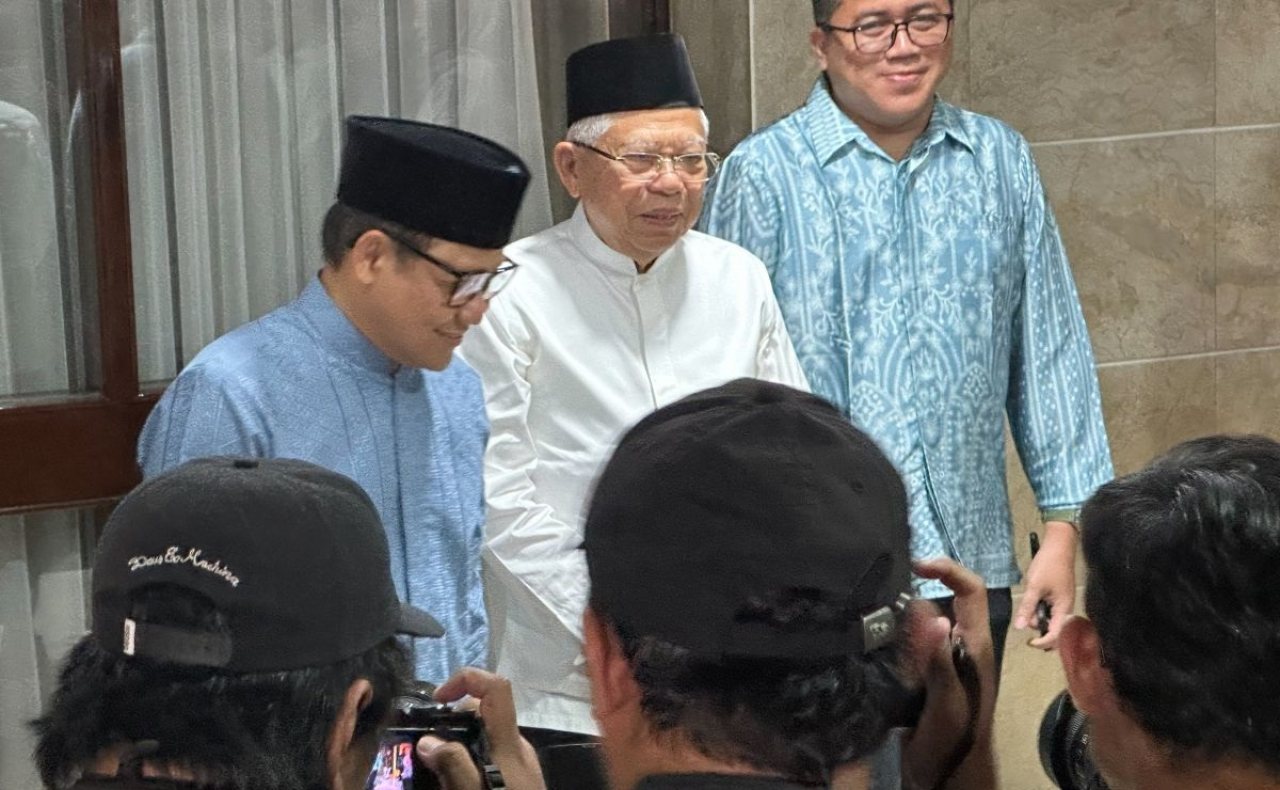 Mantan Wakil Presiden RI, Ma’ruf Amin, saat menghadiri halal bihalal di rumah Ketua Umum PKB Muhaimin Iskandar, pada Minggu (20/4/2025).