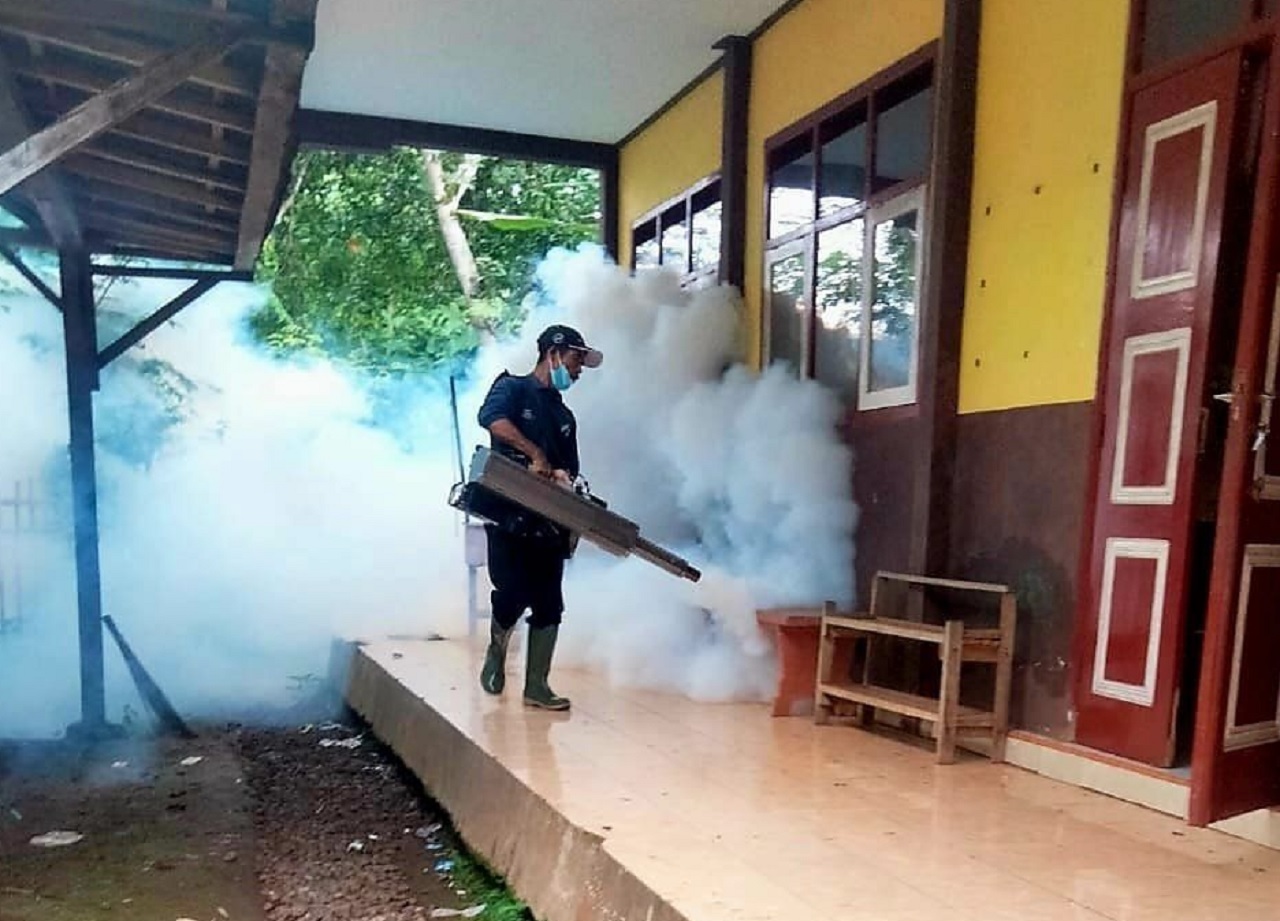 Ilustrasi. Petugas melakukan fogging untuk menekan penyebaran kasus demam berdarah dengue (DBD) di lingkup Situbondo, Jawa Timur. SP/ STB