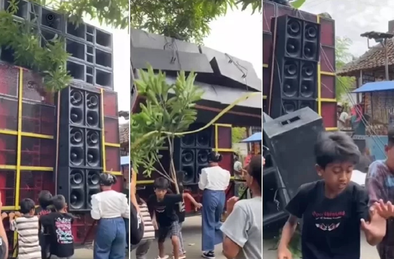 angkapan layar. Sound horeg yang jatuh timpa penonton dan kru di acara Imtihanan di Desa Sumber Anyar, Kecamatan Jambesari, Bondowoso. SP/ BDW