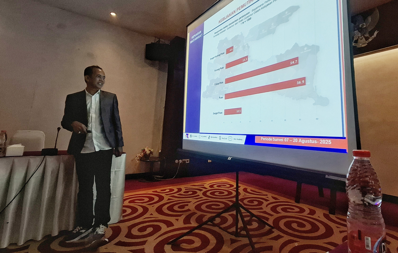 Direktur Utama Lembaga Survei Accurate Research and Consulting Indonesia (ARCI)  Baihaki Sirajt saat paparan di Surabaya, Jumat (22/8/2025). Sp/Arlana