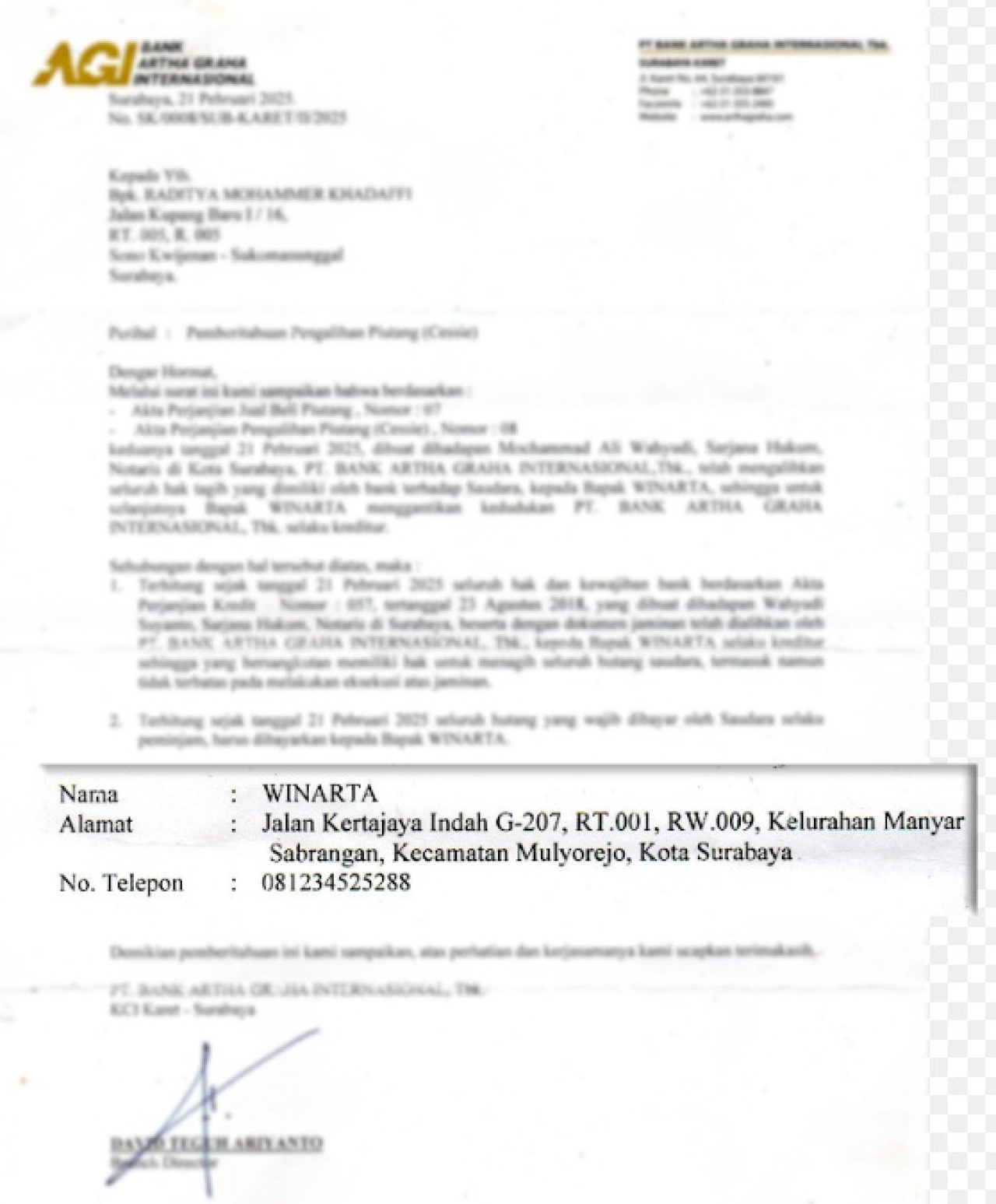 Tangkap layar alamat Winarta di surat pemberitahuan Cessie Bank Artha Graha Internasional, ternyata dalam sidang, sudah tidak ditinggali oleh Winarta.